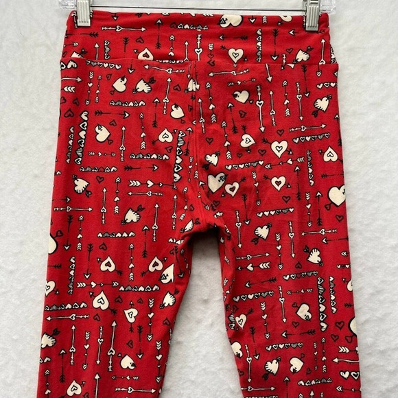 LulaRoe Leggings Women's Sz OS Red Hearts Print Mid Rise Wide Waistband Stretch - Picture 10 of 12